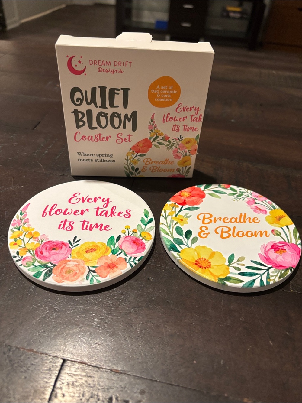 NEW Quiet Bloom Floral Coaster Set - White with Pink & Yellow Flowers